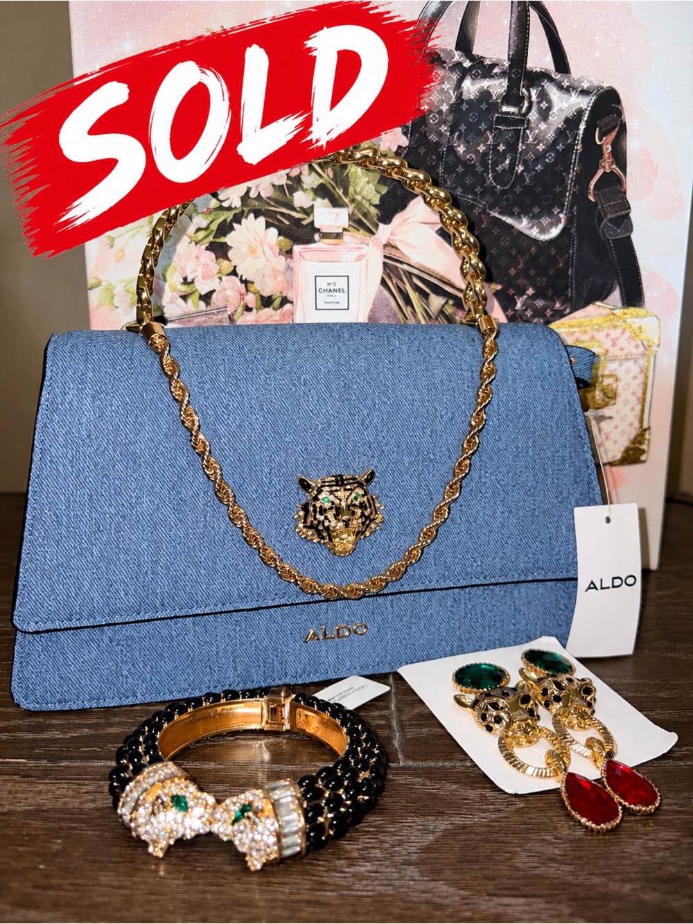 ALDO Blue Denim Top-Handle Satchel and Crossbody Gold-Tone Chain & Tiger Accent